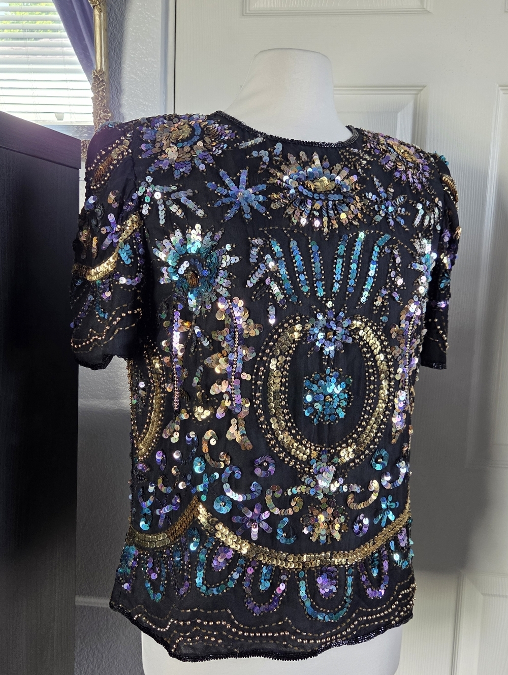 Vintage Sequin Top Laurence Kazar Black Sparkly Silk Blouse Size Large